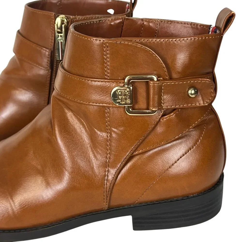 Tommy Hilfiger Women Brown Ankle Boots Side Zip Buckle‎ Detail Size 8.5M